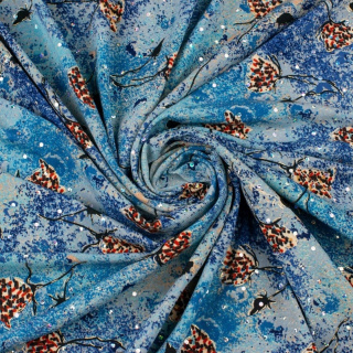 Látka Jersey ITY modrá kvety flitre pletenina 0,5m