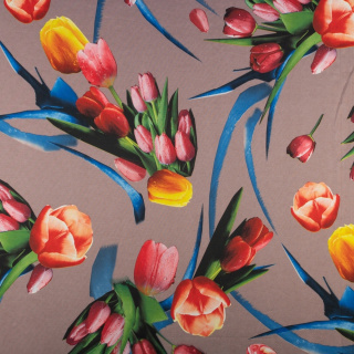 Látka Jersey ITY hladká tulipány vzor pletenina 0,5m