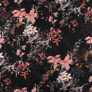 Látka šifón čierna hladká kvety vzor 0,5m