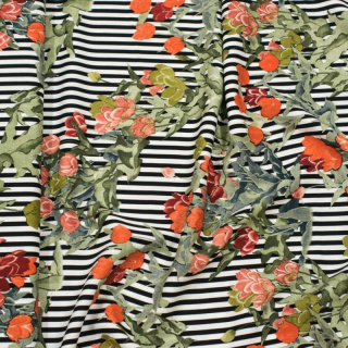 Látka viskóza 100% červené kvety pruhy pozadie vzor 0,5m