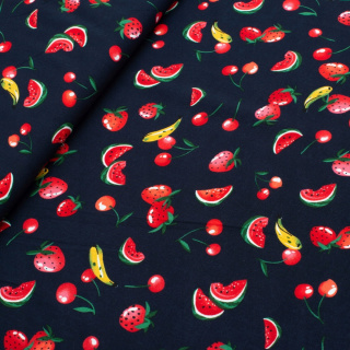 Látka viskózová námornícka modrá ovocie vzor 100% viskóza 0,5m