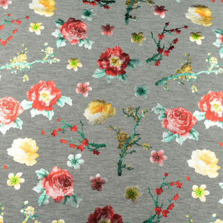 Látka viskózová pletenina sivá mäkká kvety vzor 0,5m