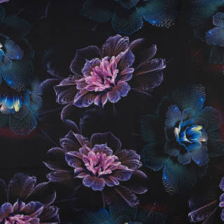 Látka viskóza twill čierna hladká kvety vzor 0,5m