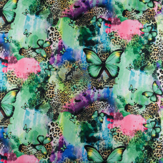 Látka viskóza twill zelená hladká motýle vzor 0,5m