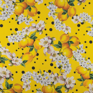 Látka viskóza twill žltá citróny vzor na letné šaty blúzky 0,5m