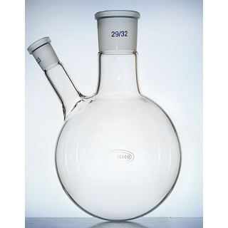 Pahar cu două gâturi cu fundul rotund și gât lateral înclinat, 50 ml, șlefuiri 29/32 și 14/23, GLASSCO, sticlă borosilicată (BORO 3.3)