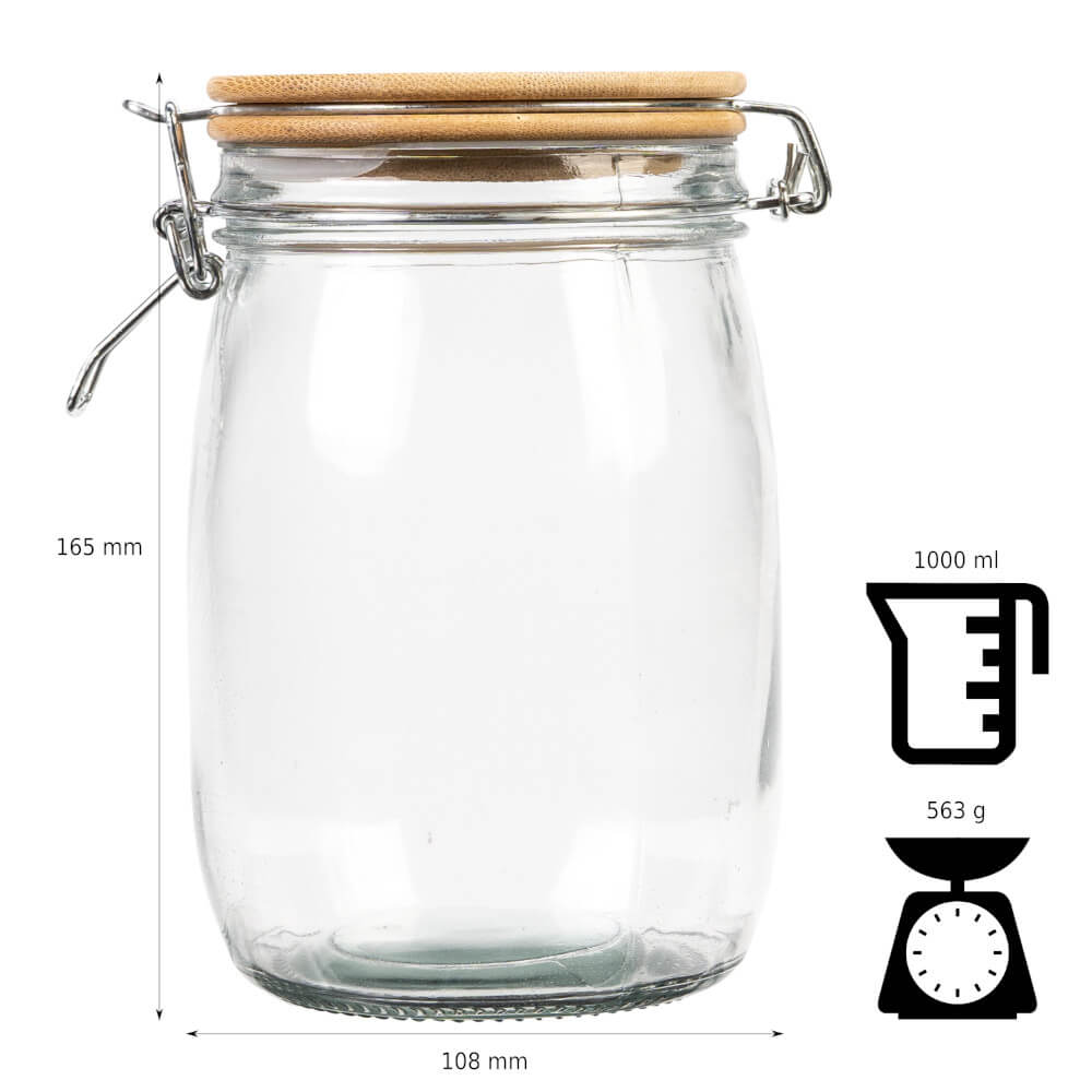 Recipient din sticlă doză 1000ml 16cm cu capac de etanșare din lemn megamix.sk