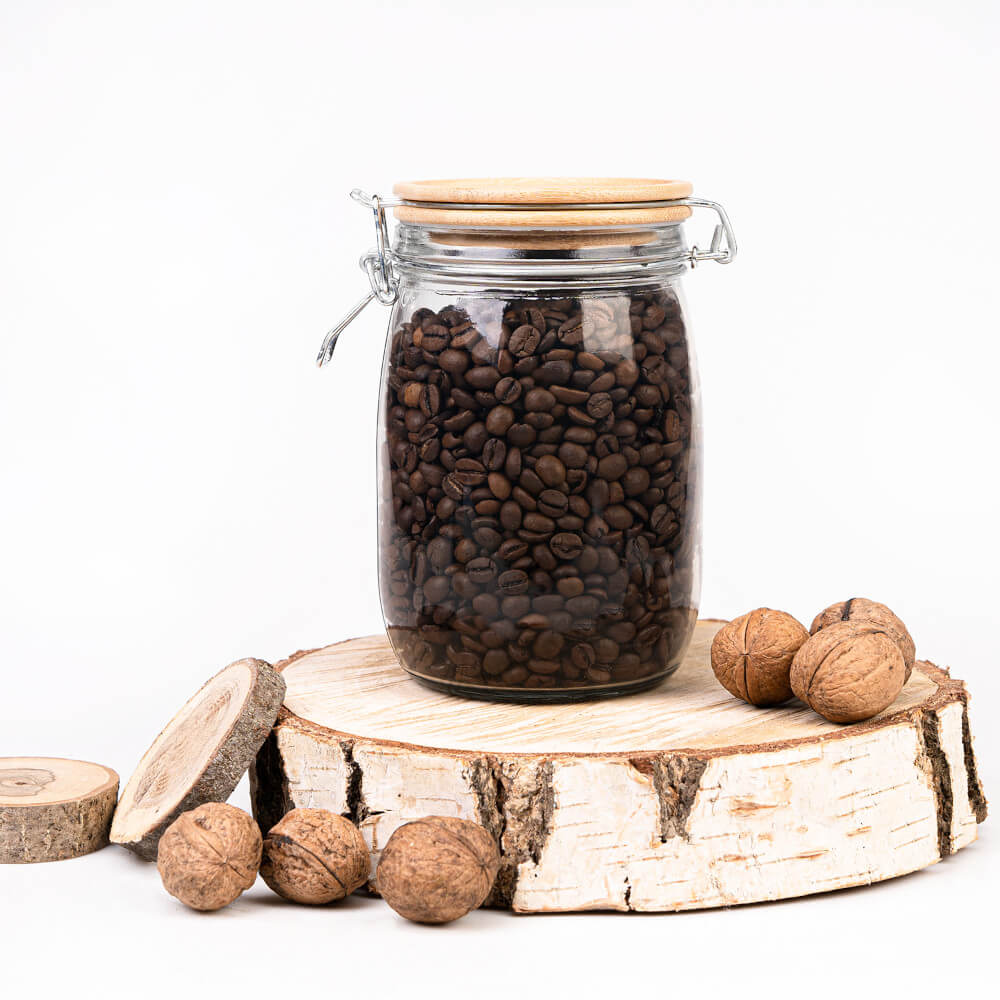 Recipient din sticlă doză 1000ml 16cm cu capac de etanșare din lemn megamix.sk