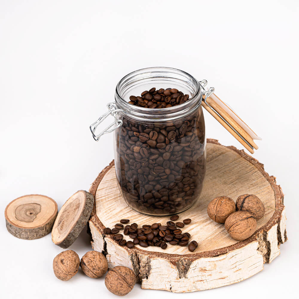 Recipient din sticlă doză 1000ml 16cm cu capac de etanșare din lemn megamix.sk