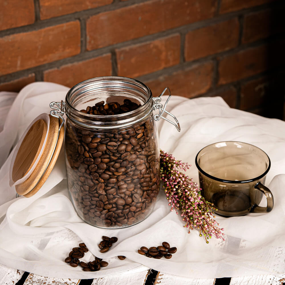 Recipient din sticlă doză 1000ml 16cm cu capac de etanșare din lemn megamix.sk