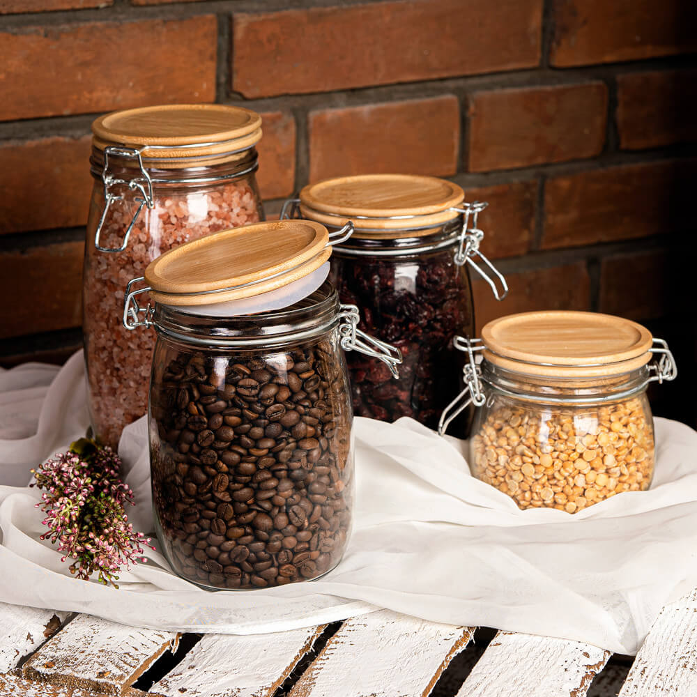 Recipient din sticlă doză 1000ml 16cm cu capac de etanșare din lemn megamix.sk